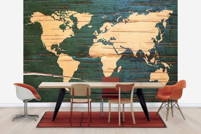 PHOTOWALL / World Map on Wooden Wall (e30324)