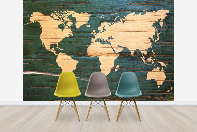 PHOTOWALL / World Map on Wooden Wall (e30324)