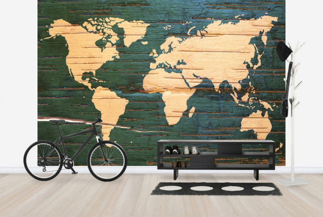 PHOTOWALL / World Map on Wooden Wall (e30324)