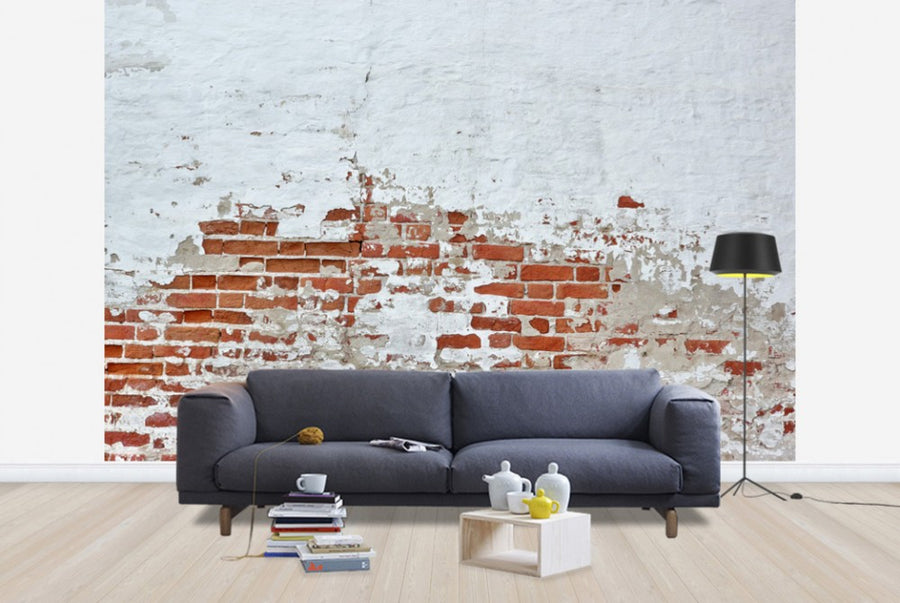 PHOTOWALL / Red Brick Wall with Sprinkled White Plaster (e40677)