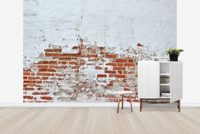 PHOTOWALL / Red Brick Wall with Sprinkled White Plaster (e40677)