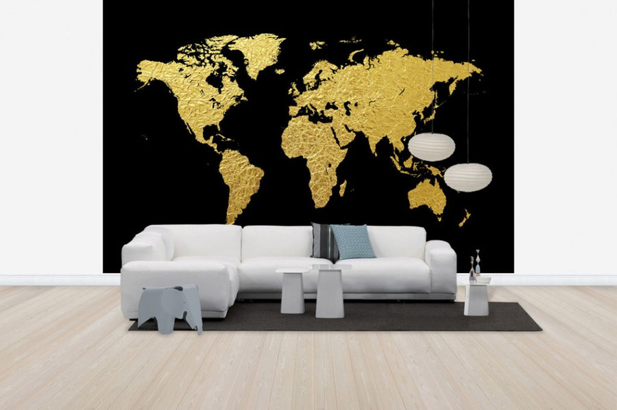 PHOTOWALL / Gold World Map with Black Background (e50180)
