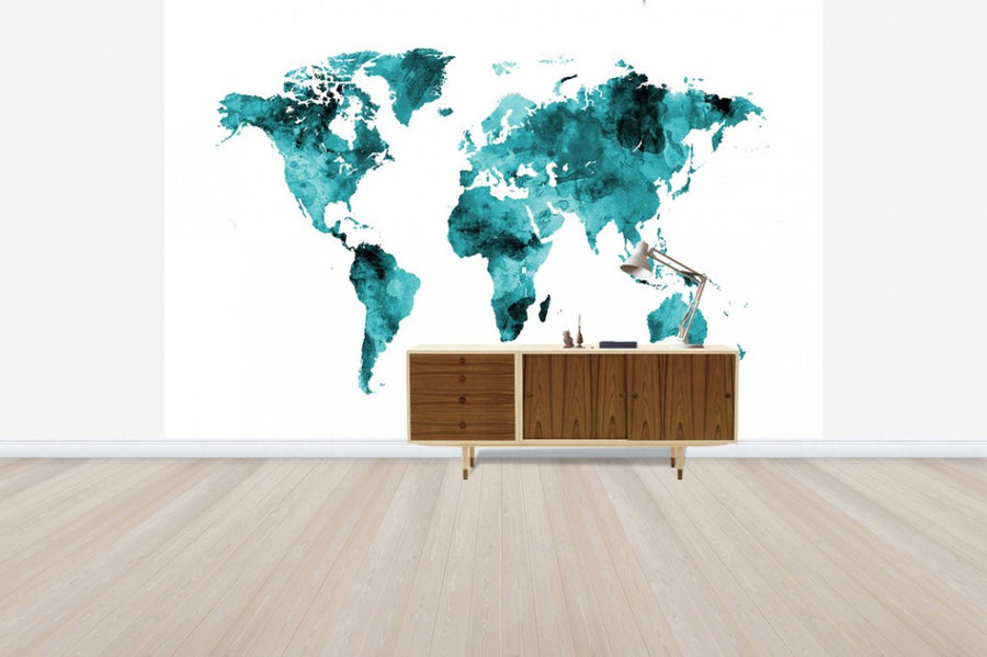 PHOTOWALL / Watercolour World Map Turquoise (e50188)