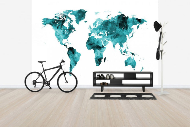 PHOTOWALL / Watercolour World Map Turquoise (e50188)