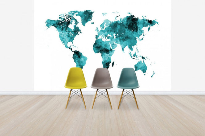 PHOTOWALL / Watercolour World Map Turquoise (e50188)