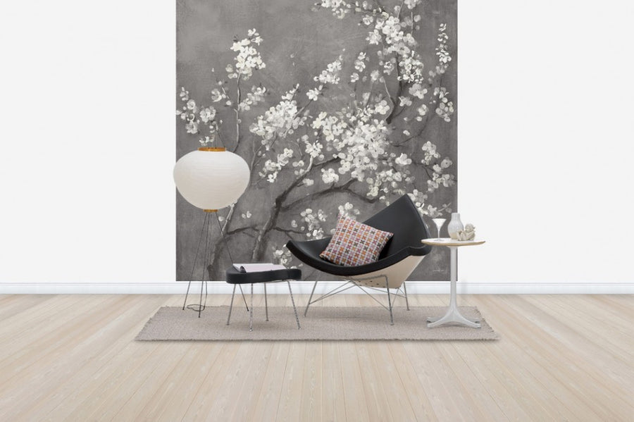 PHOTOWALL / White Cherry Blossoms I on Grey Crop (e50222)