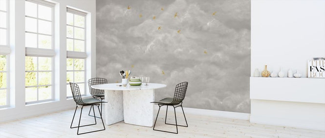 PHOTOWALL / Tender Clouds with Yellow Swallows - Beige (e320872)