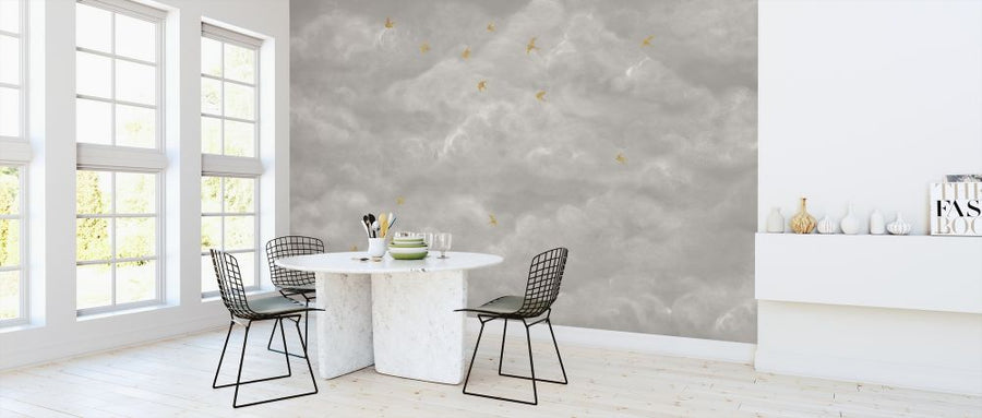 PHOTOWALL / Tender Clouds with Yellow Swallows - Beige (e320872)