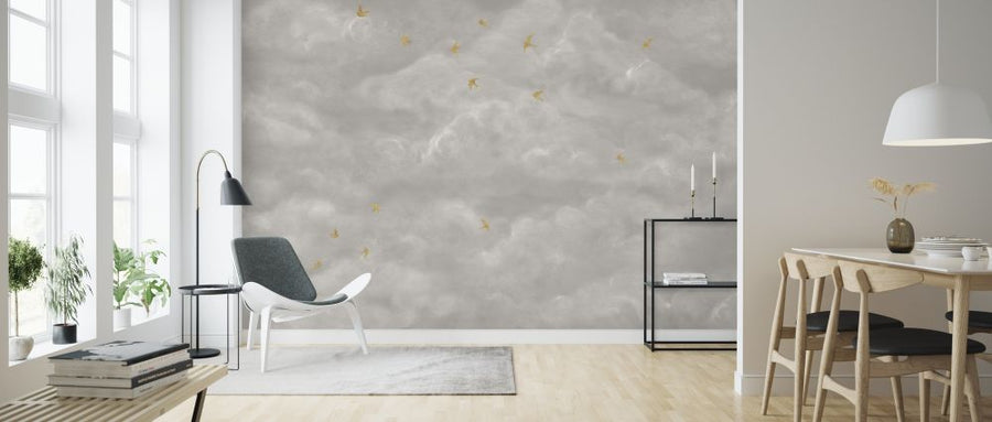 PHOTOWALL / Tender Clouds with Yellow Swallows - Beige (e320872)