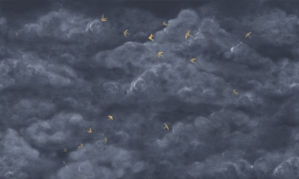 PHOTOWALL / Tender Clouds with Yellow Swallows - Dark Blue (e320873)