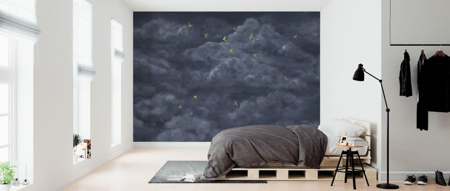 PHOTOWALL / Tender Clouds with Yellow Swallows - Dark Blue (e320873)