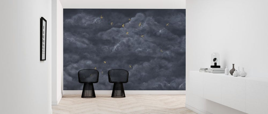 PHOTOWALL / Tender Clouds with Yellow Swallows - Dark Blue (e320873)