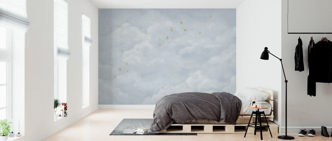 PHOTOWALL / Tender Clouds with Yellow Swallows - Soft Blue (e320874)