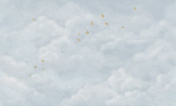 PHOTOWALL / Tender Clouds with Yellow Swallows - Soft Blue (e320874)