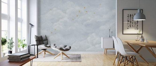 PHOTOWALL / Tender Clouds with Yellow Swallows - Soft Blue (e320874)