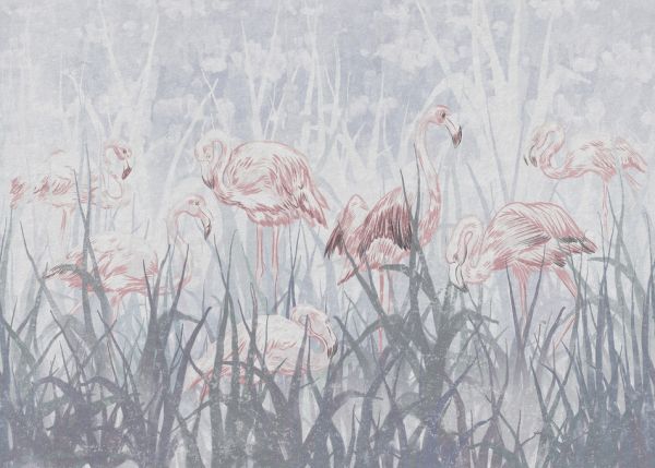 PHOTOWALL / Flamingos in the Grass - Gray (e321308)