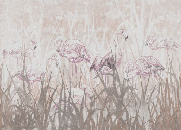 PHOTOWALL / Flamingos in the Grass - Sepia (e321310)