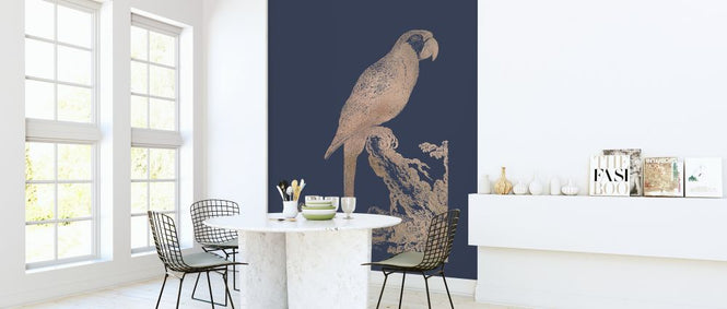 PHOTOWALL / Rose Gold Foil Parrot I on Imperial Blue (e321420)