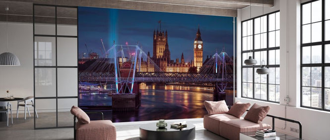 PHOTOWALL / Night View of the London Eye Golden Jubilee Bridge and Westminster London UK (e334039)