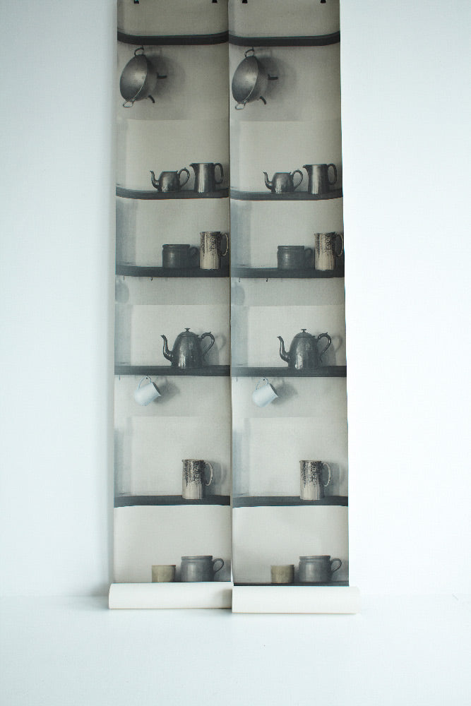 Deborah Bowness / The Standard Collection / Bric-a-Brac Shelf Wallpaper / grey