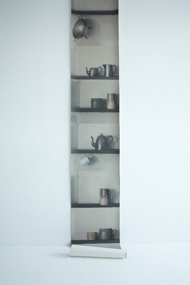 Deborah Bowness / The Standard Collection / Bric-a-Brac Shelf Wallpaper / grey