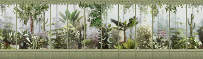 KOZIEL / Papier peint panoramique jardin d'hiver serre vert tilleul LPV030