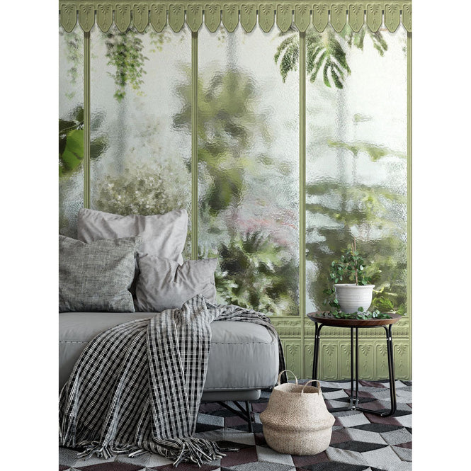 KOZIEL / Papier peint panoramique jardin d'hiver serre vert tilleul LPV030