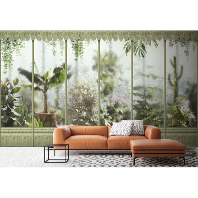 KOZIEL / Papier peint panoramique jardin d'hiver serre vert tilleul LPV030