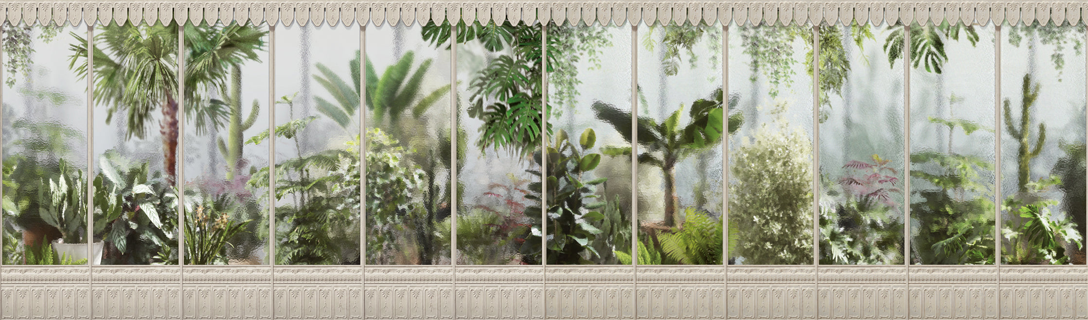 KOZIEL / Papier peint panoramique jardin d'hiver serre blanc casse