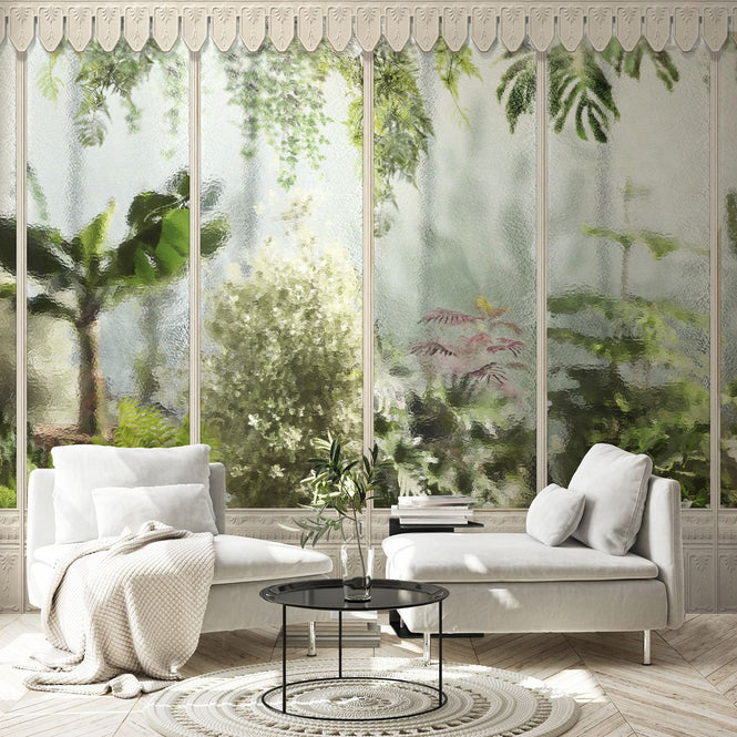 KOZIEL / Papier peint panoramique jardin d'hiver serre blanc casse LPV031
