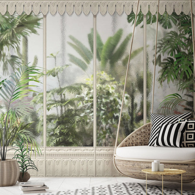 KOZIEL / Papier peint panoramique jardin d'hiver serre blanc casse LPV031