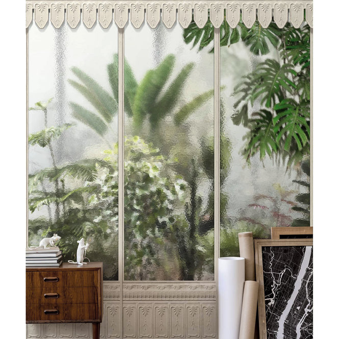 KOZIEL / Papier peint panoramique jardin d'hiver serre blanc casse LPV031