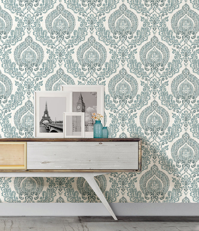 【予約受付】はがせる シール 壁紙 NU WALLPAPER / Kensington Damask Blue Peel and Stick Wallpaper / NU1702