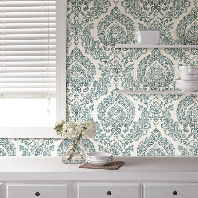 【予約受付】はがせる シール 壁紙 NU WALLPAPER / Kensington Damask Blue Peel and Stick Wallpaper / NU1702
