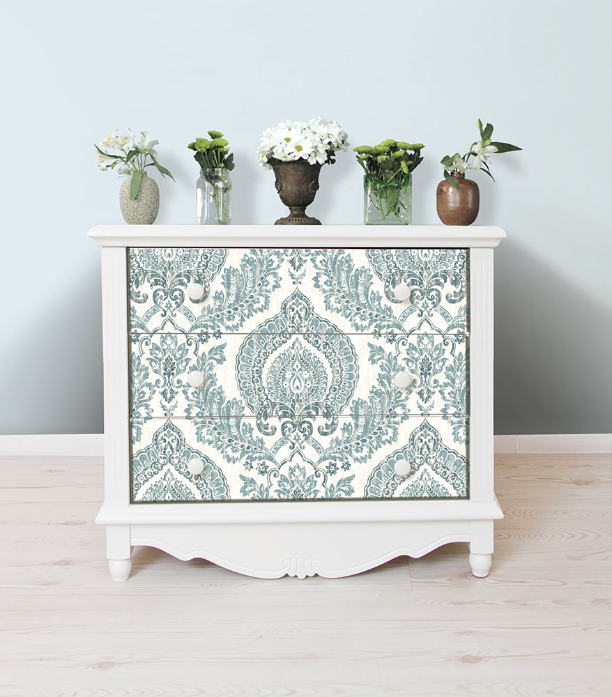 ✨未使用に近い/レアデザイン✨パール＆パステルミンク 11号 ベルスリーブ はがせる シール 壁紙 NU WALLPAPER / Kensington Damask Blue