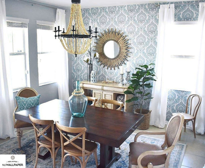 【予約受付】はがせる シール 壁紙 NU WALLPAPER / Kensington Damask Blue Peel and Stick Wallpaper / NU1702