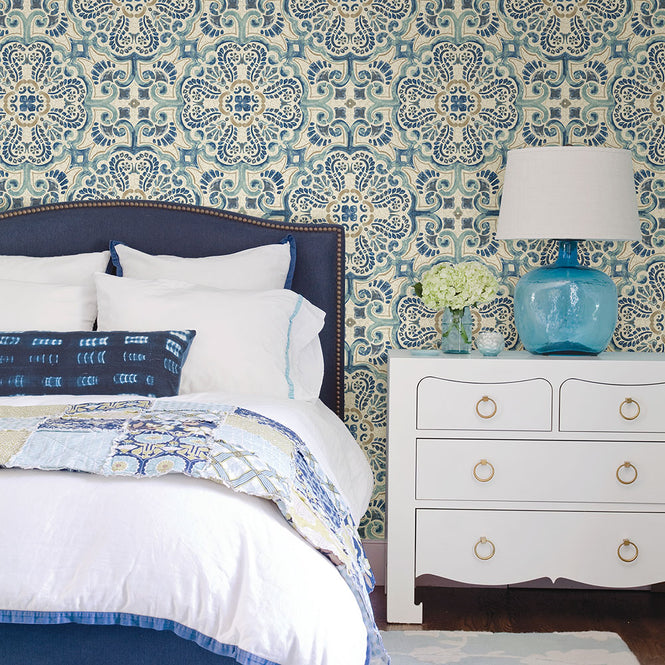 【予約受付】はがせる シール 壁紙 NU WALLPAPER / Blue Florentine Tile Peel and Stick Wallpaper / NU2235 (NUS2235)