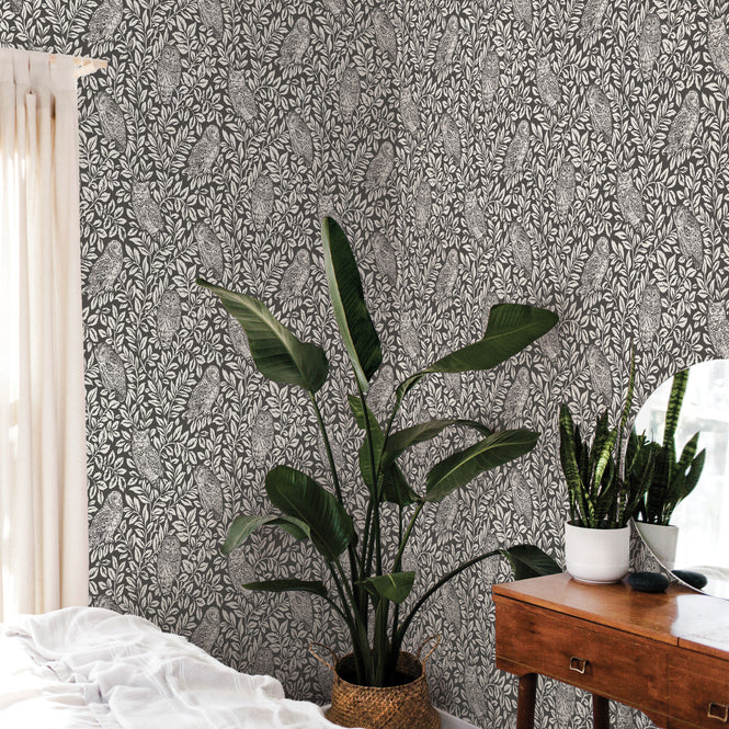 【予約受付】はがせる シール 壁紙 NU WALLPAPER / Charcoal Sleepy Owls Peel and Stick Wallpaper / NUS3625