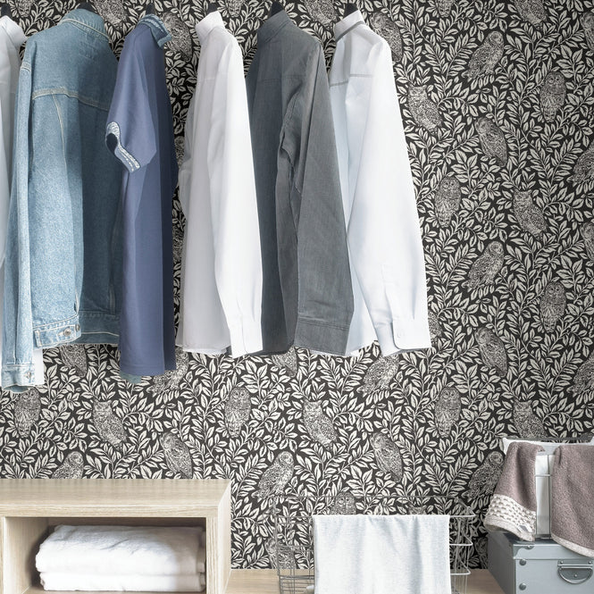 【予約受付】はがせる シール 壁紙 NU WALLPAPER / Charcoal Sleepy Owls Peel and Stick Wallpaper / NUS3625