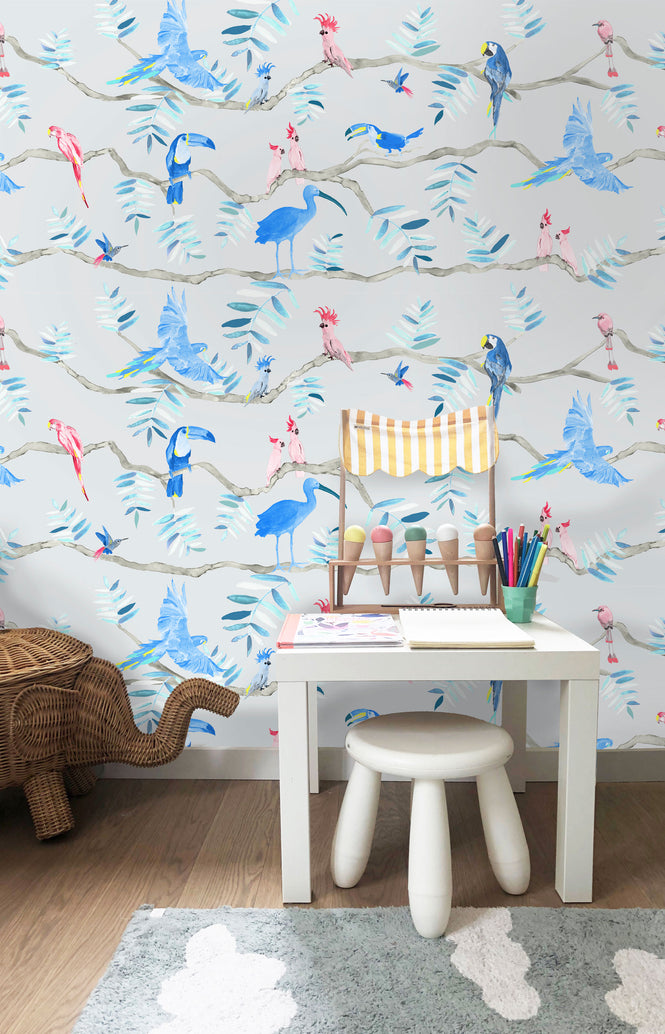 KARIOKAS / PANTANAL Blue and Coral Toucan WallP-PANT-BCor-03