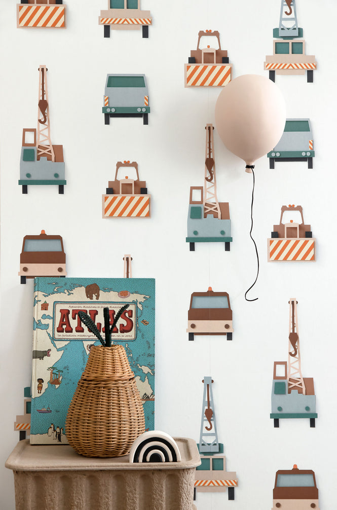 studio ditte / Crane truck wallpaper / white【2パネル1セット】