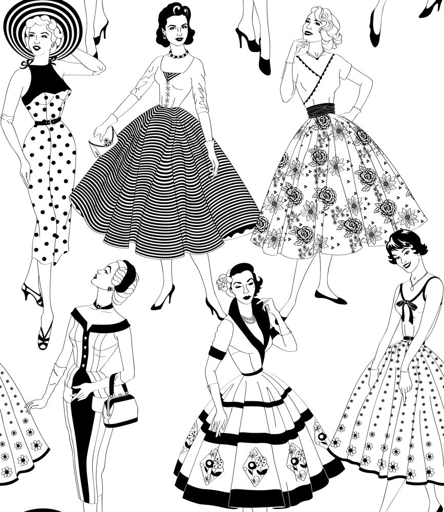 Dupenny Vintage Dress Wallpaper B&W