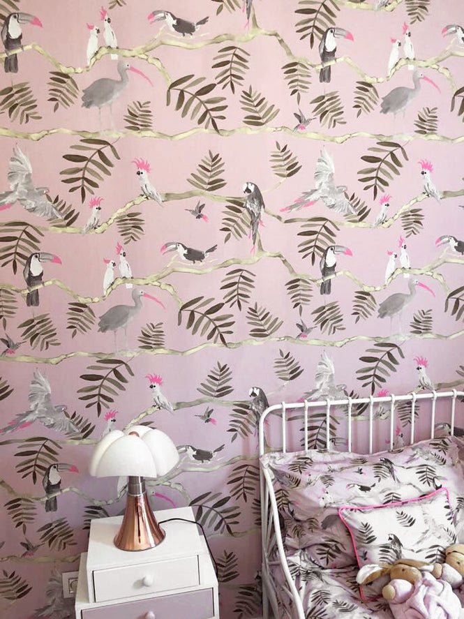 KARIOKAS / PANTANAL Grey and Pink Toucan WallP-PANT-PinkGrey-02