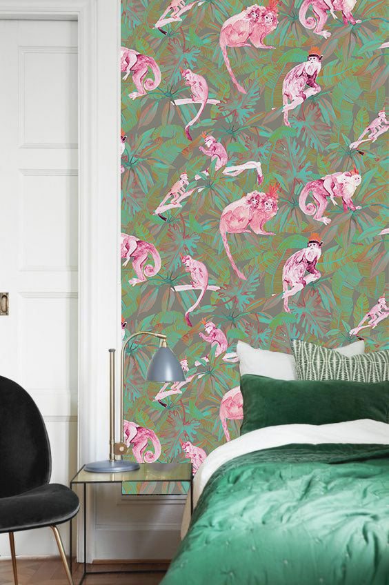 KARIOKAS / TRIBU Pink Monkeys WallP-TRIB-PinkGreen-02