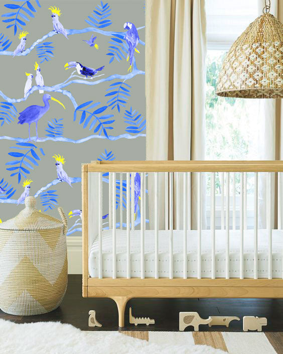 KARIOKAS / PANTANAL Blue and yellow Toucan on Grey WallP-PANT-BYG-01