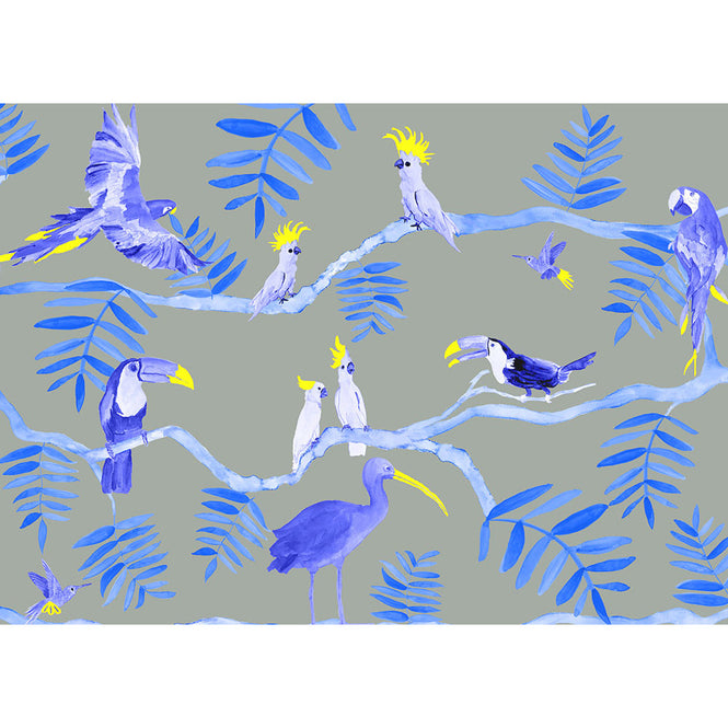 KARIOKAS / PANTANAL Blue and yellow Toucan on Grey WallP-PANT-BYG-01
